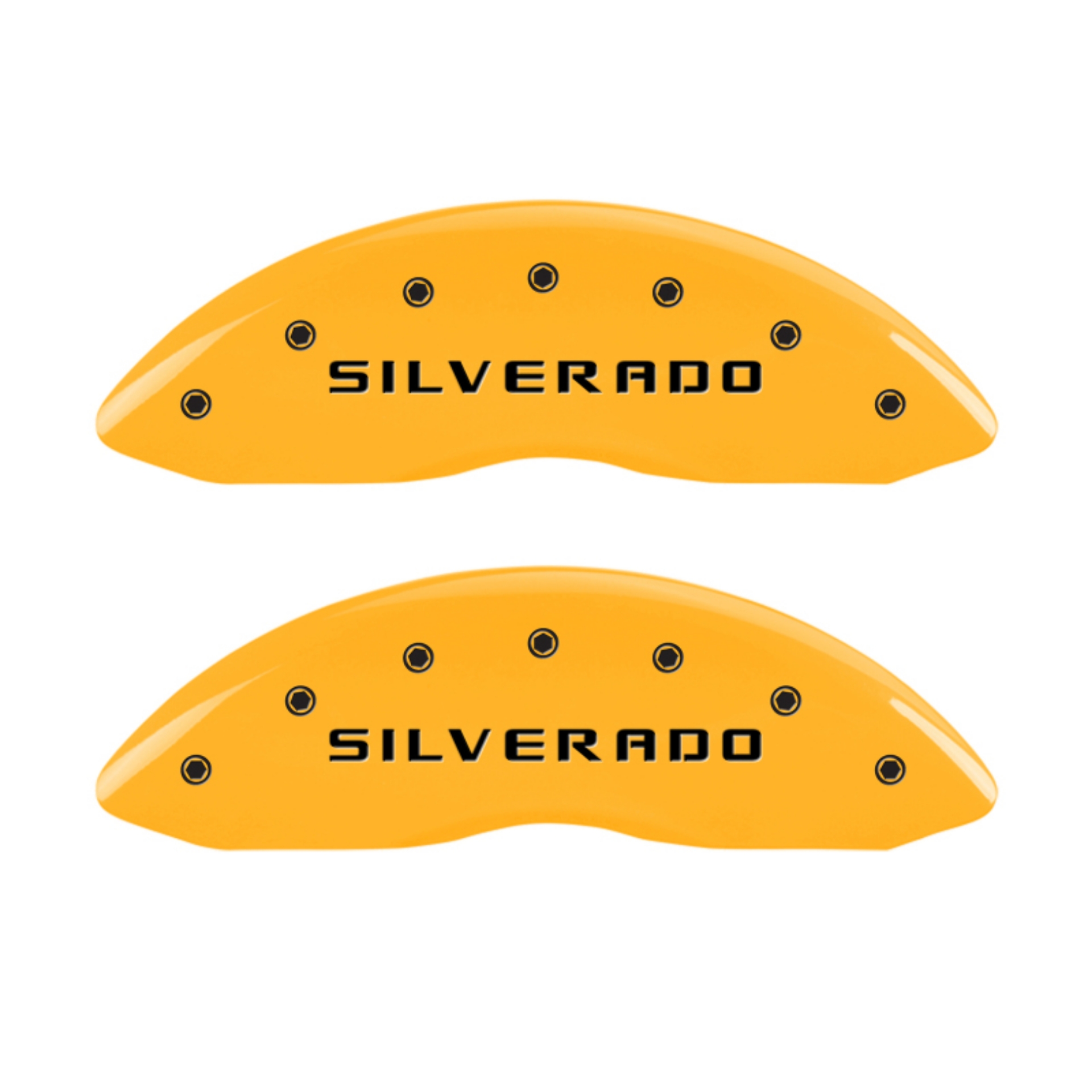 Picture of MGP 4 Caliper Covers Engraved Front & Rear Silverado Yellow finish black ch