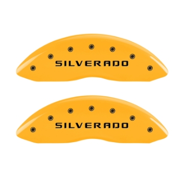 Picture of MGP 4 Caliper Covers Engraved Front & Rear Silverado Yellow finish black ch