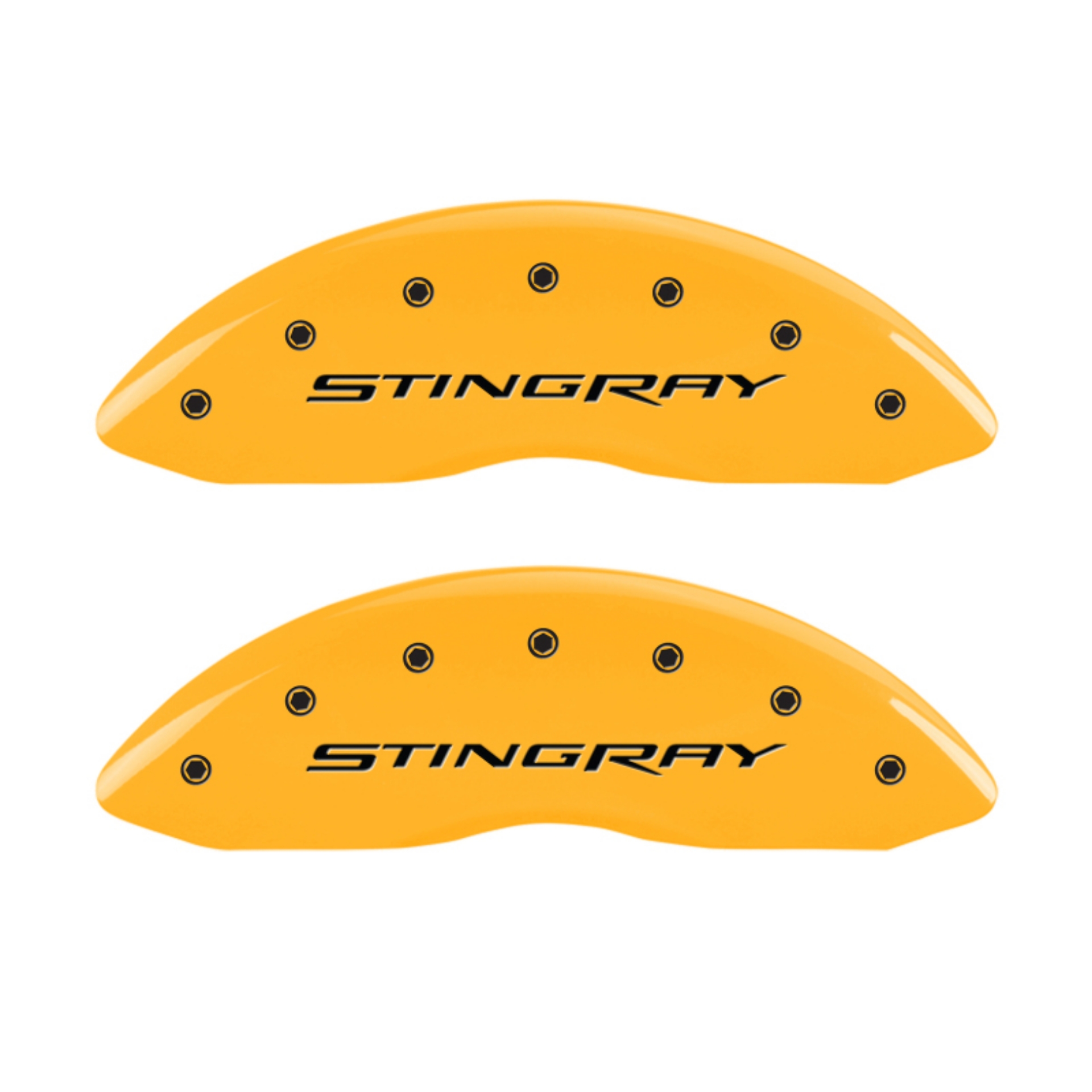 Picture of MGP 4 Caliper Covers Engraved Front & Rear Stingray Yellow finish black ch