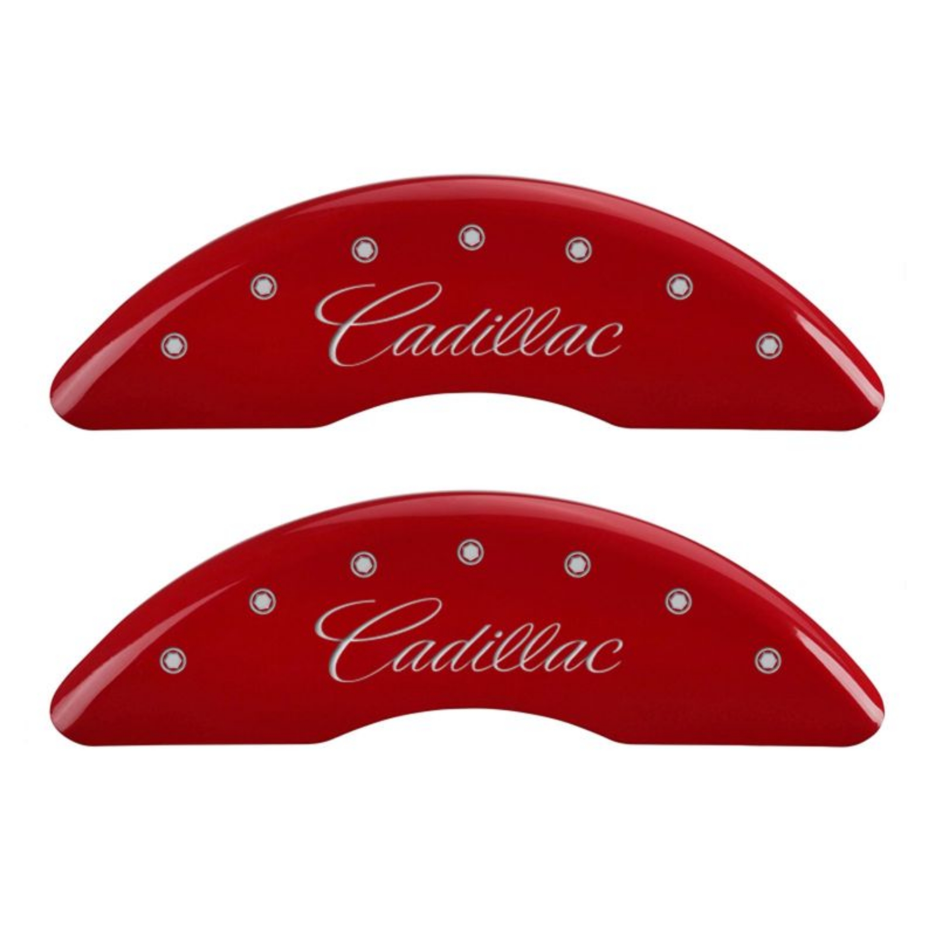 Picture of MGP 4 Caliper Covers Engraved Front & Rear Cursive-Cadillac Red finish silver ch