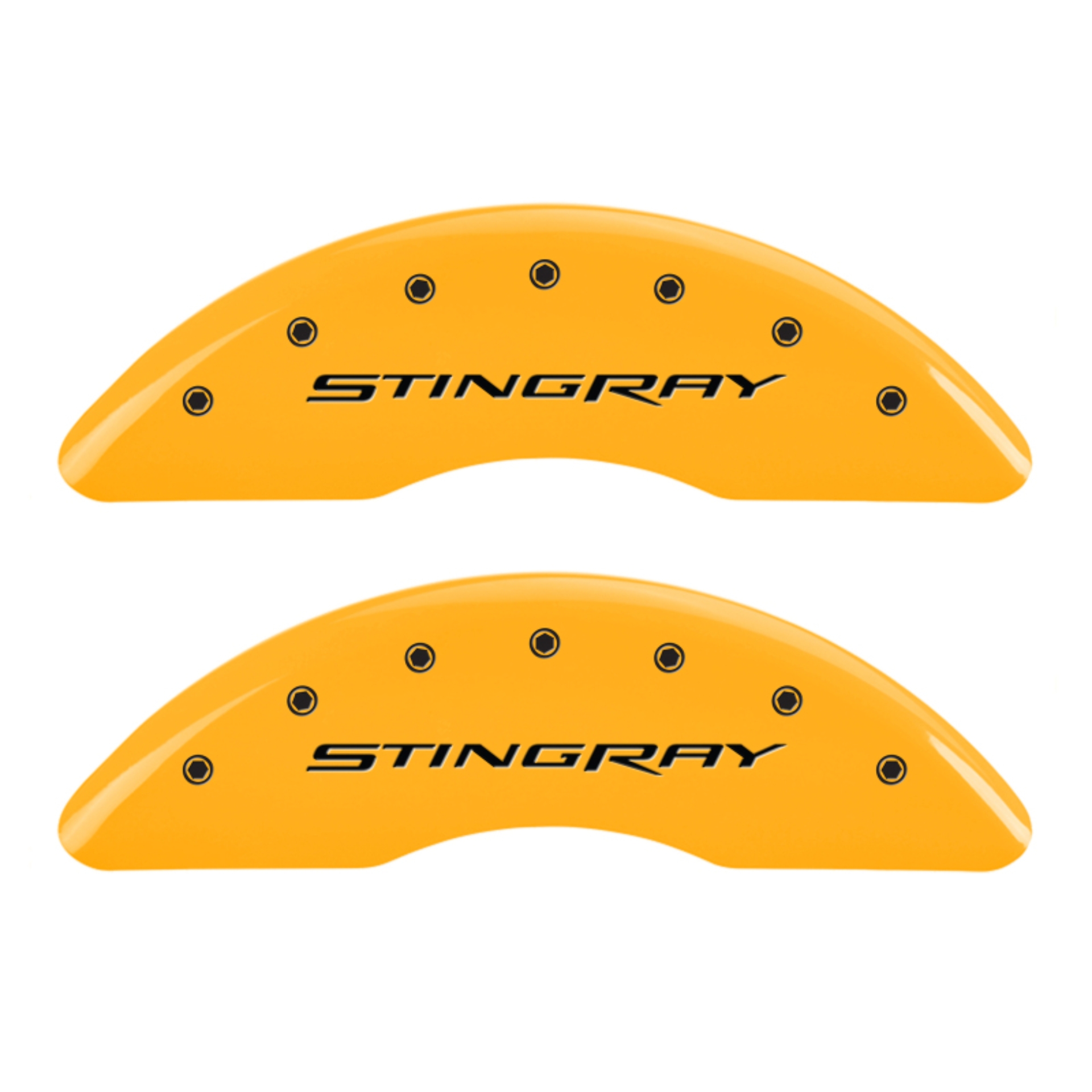Picture of MGP 4 Caliper Covers Engraved Front & Rear Stingray Yellow finish black ch