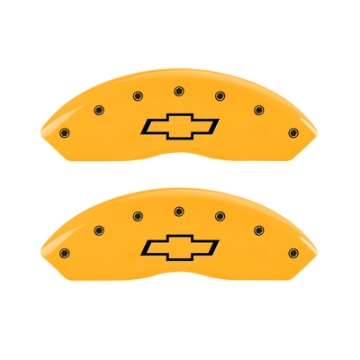 Picture of MGP 4 Caliper Covers Engraved Front & Rear Bowtie Yellow finish black ch