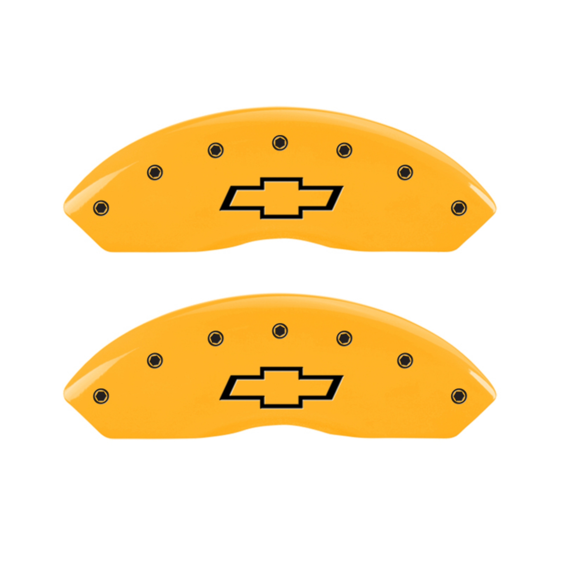 Picture of MGP 4 Caliper Covers Engraved Front & Rear Bowtie Yellow finish black ch
