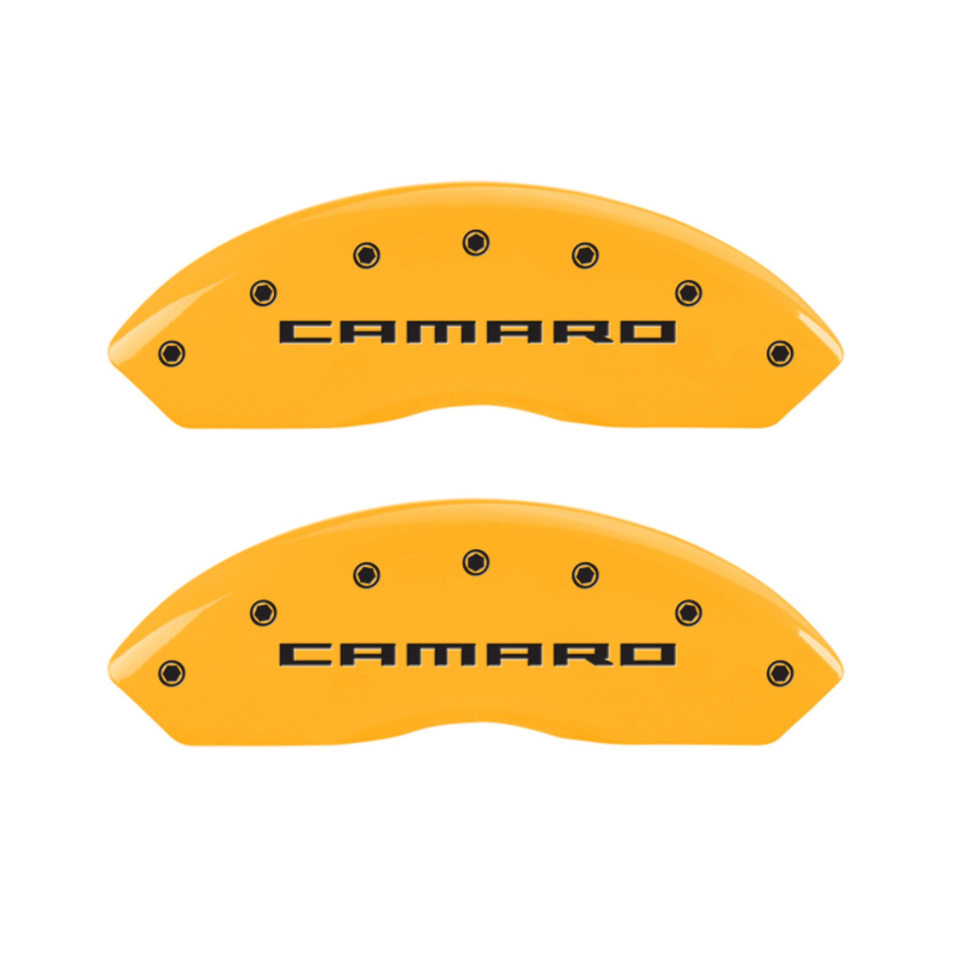 Picture of MGP 4 Caliper Covers Engraved Front & Rear Gen 5-Camaro Yellow finish black ch