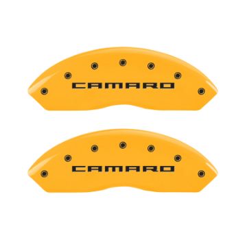 Picture of MGP 4 Caliper Covers Engraved Front & Rear Gen 5-Camaro Yellow finish black ch