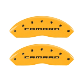 Picture of MGP 4 Caliper Covers Engraved Front Gen 5-Camaro Engraved Rear Gen 5-RS Yellow finish black ch