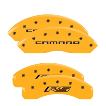 Picture of MGP 4 Caliper Covers Engraved Front Gen 5-Camaro Engraved Rear Gen 5-RS Yellow finish black ch