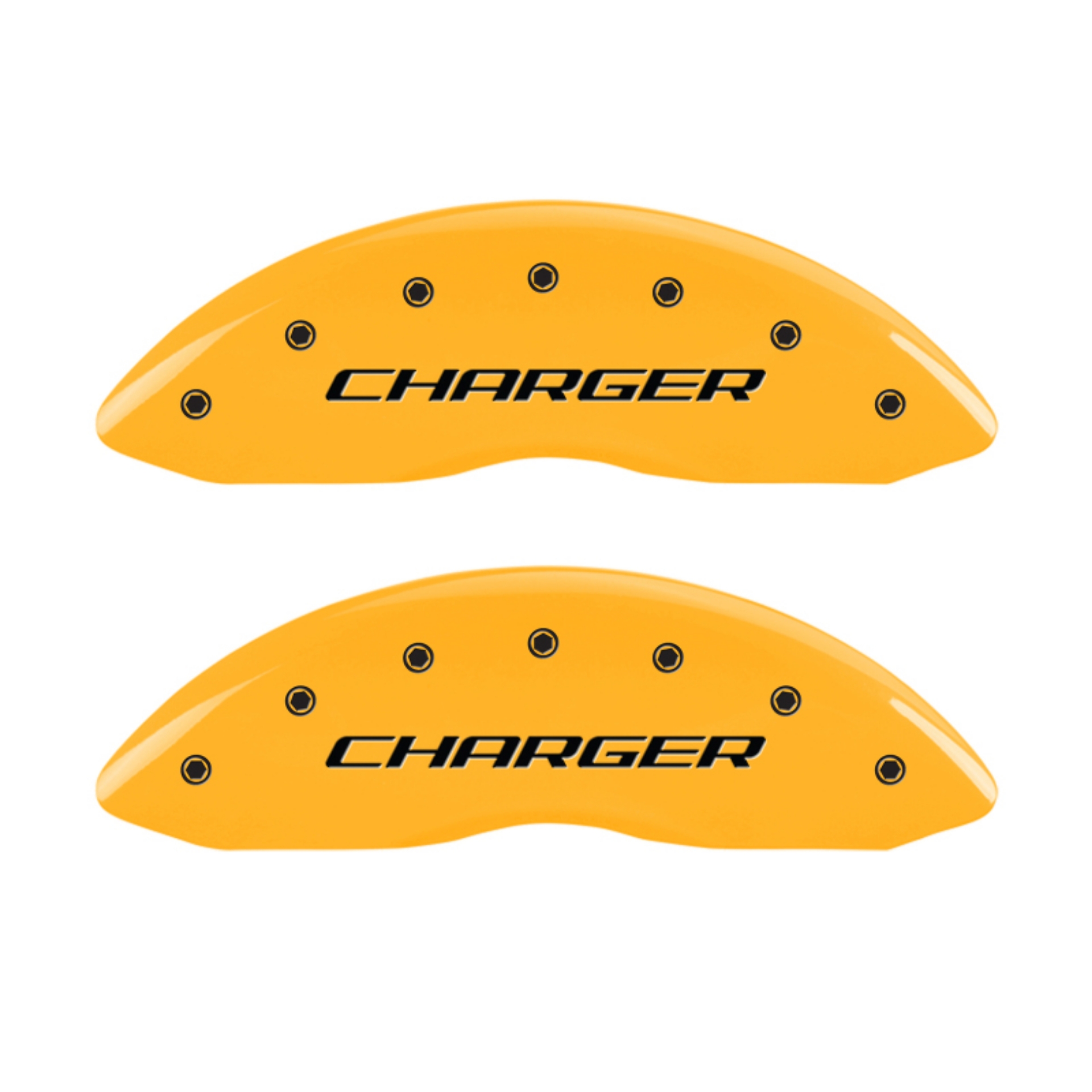 Picture of MGP 4 Caliper Covers Engraved Front Charger Engraved Rear RT Yellow finish black ch
