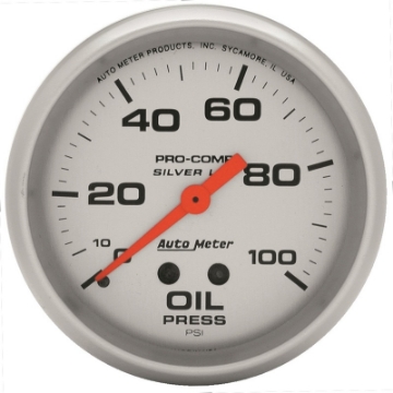 Picture of Autometer Ultra-Lite 2-625in Liquid Filled Mechanical 100 PSI Silver Oil Pressure Gauge