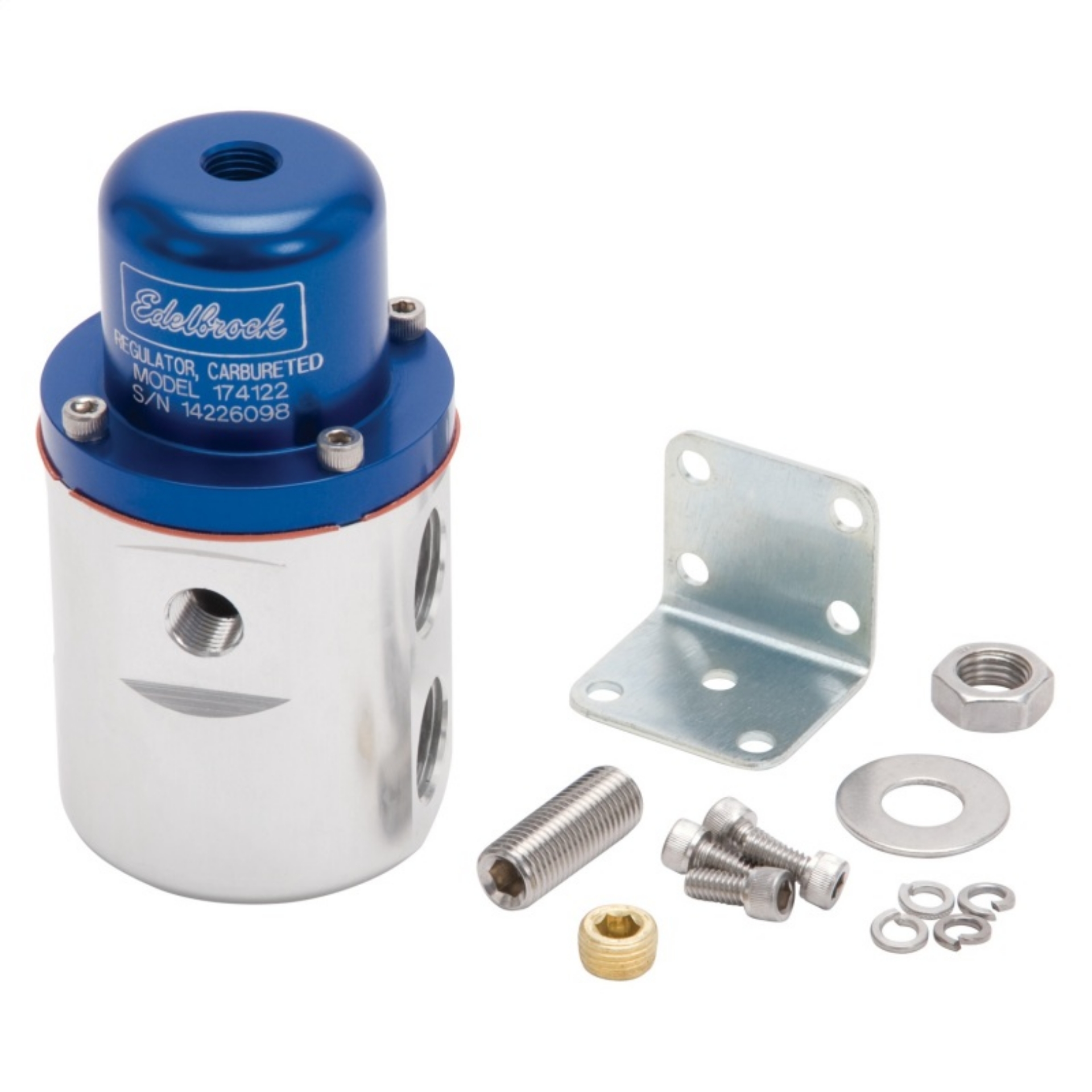 Picture of Edelbrock Fuel Pressure Regulator Carbureted 160 GPH 5-10 PSI 3-8In In-Out Returnless Blue-Clear