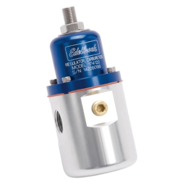 Picture of Edelbrock Fuel Pressure Regulator Carbureted 160 GPH 5-10 PSI 3-8In In-Out Returnless Blue-Clear
