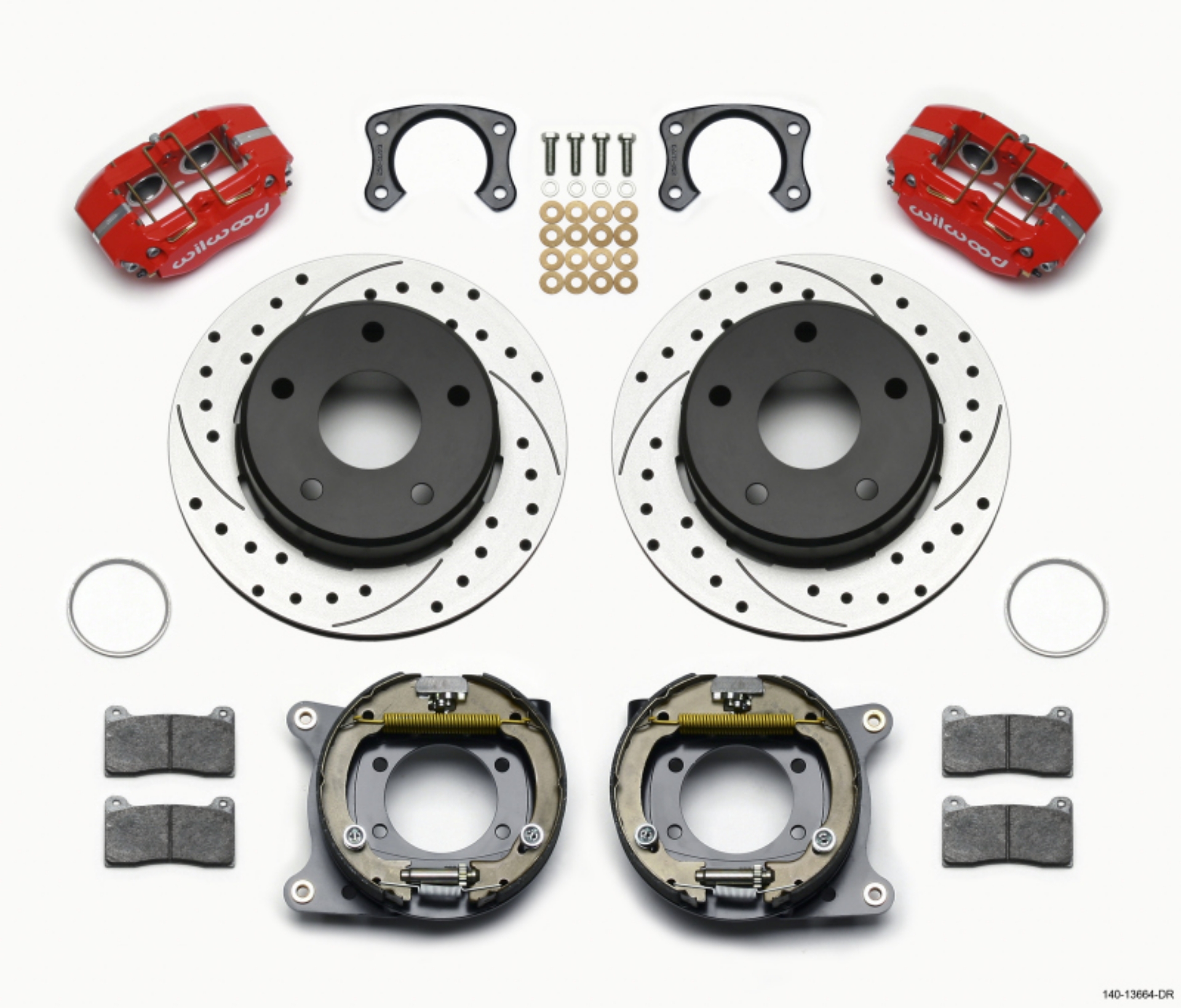 Picture of Wilwood Dynapro Lug Mount P-S Park Brake Kit Drilled Red Big Ford New 2-38in Off Bronco 5 x 5-50