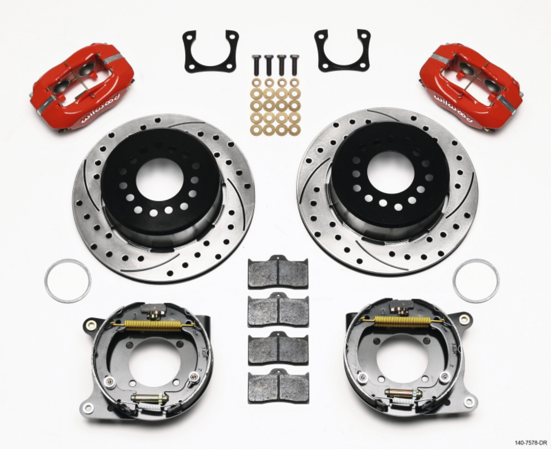 Picture of Wilwood Forged Dynalite P-S Park Brake Kit Drilled Red Chevy 12 Bolt-Spec 3-15in Bearing
