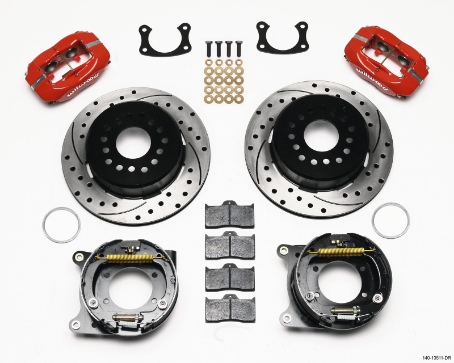 Picture of Wilwood Forged Dynalite P-S Park Brake Kit Drilled Red BOP Axle 2-75in Bearing 2-75 Offset