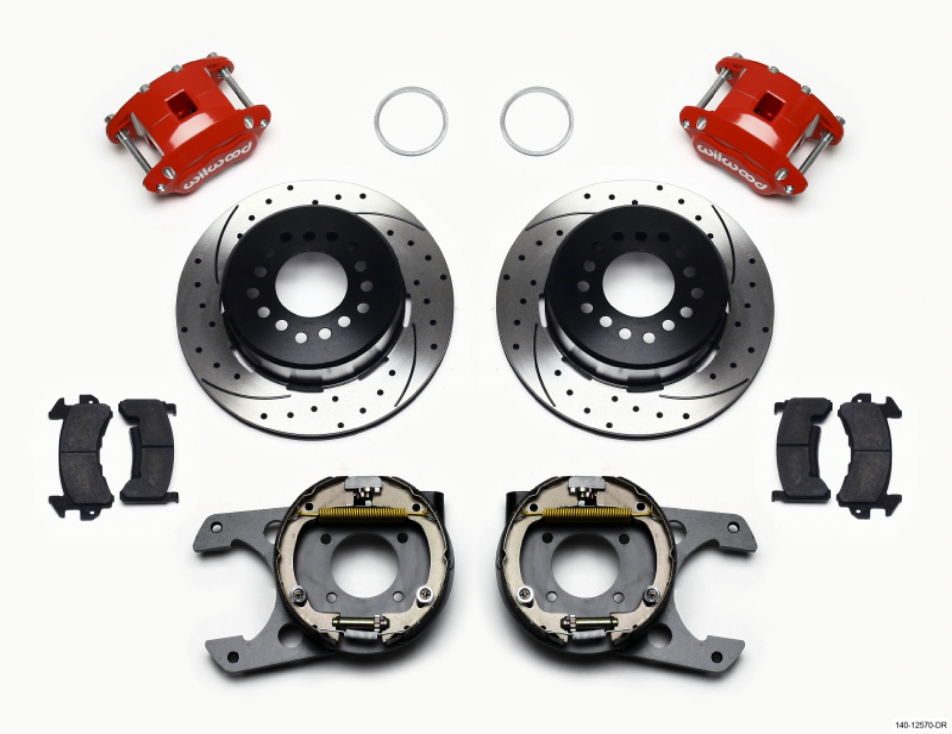 Picture of Wilwood D154 P-S P-B Kit Drilled-Red 12 Bolt 2-75in offset Staggered Shock