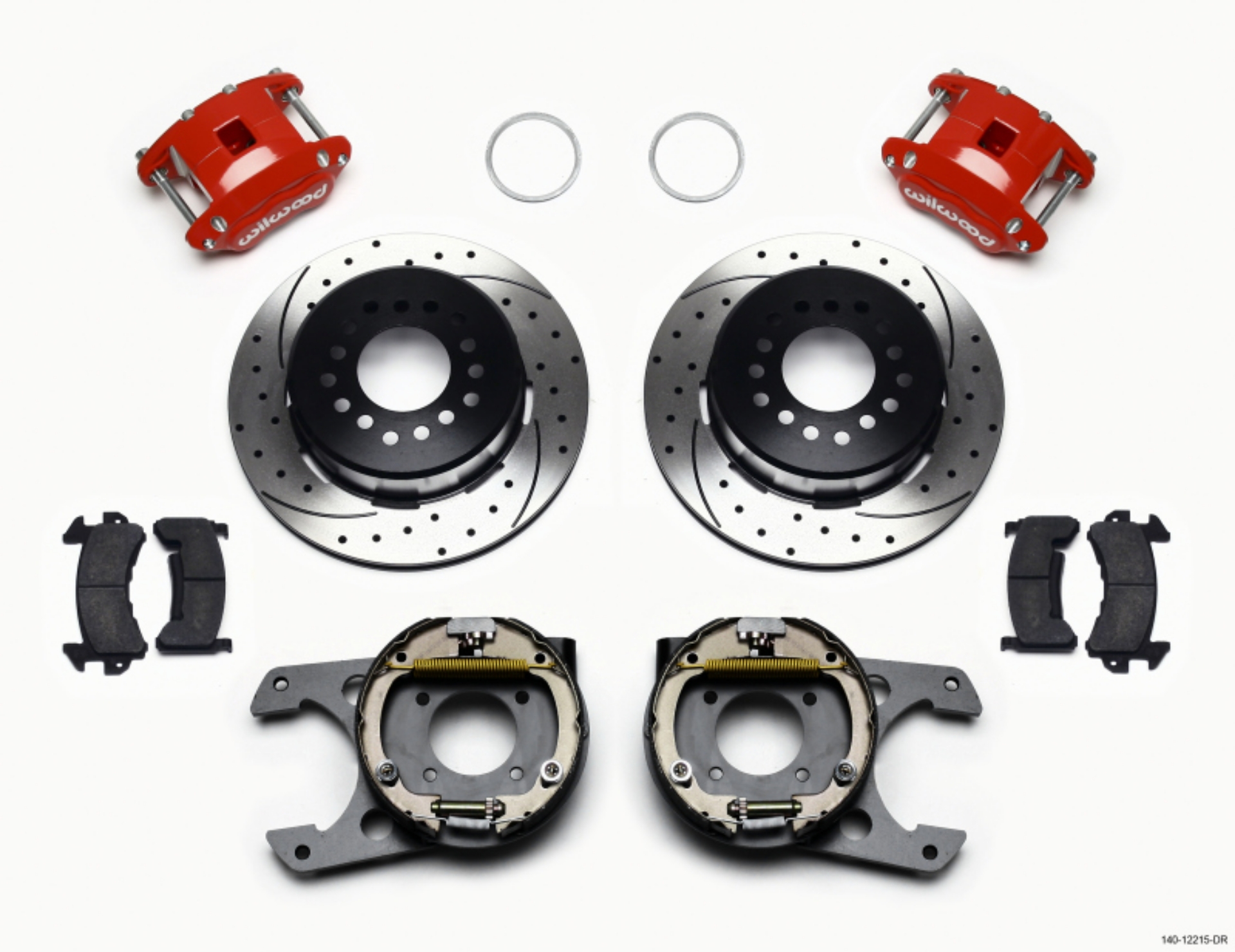 Picture of Wilwood D154 P-S P-B Kit Drilled-Red Chevy 12 Bolt 2-75in Off w- C-Clips