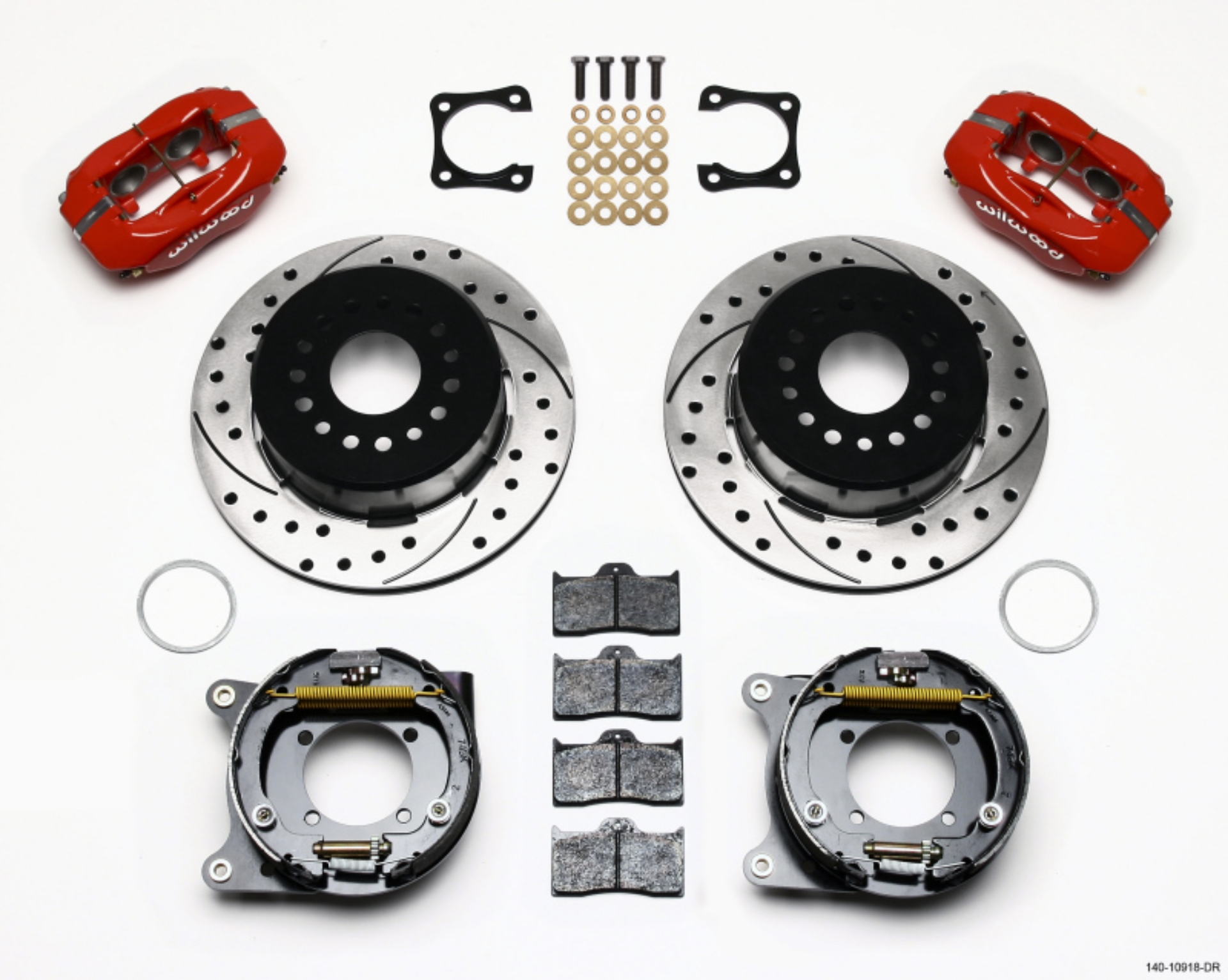 Picture of Wilwood Forged Dynalite P-S Park Brake Kit Drilled Red Chevy 12 Bolt-Spec 3-15in Brng Staggered mt