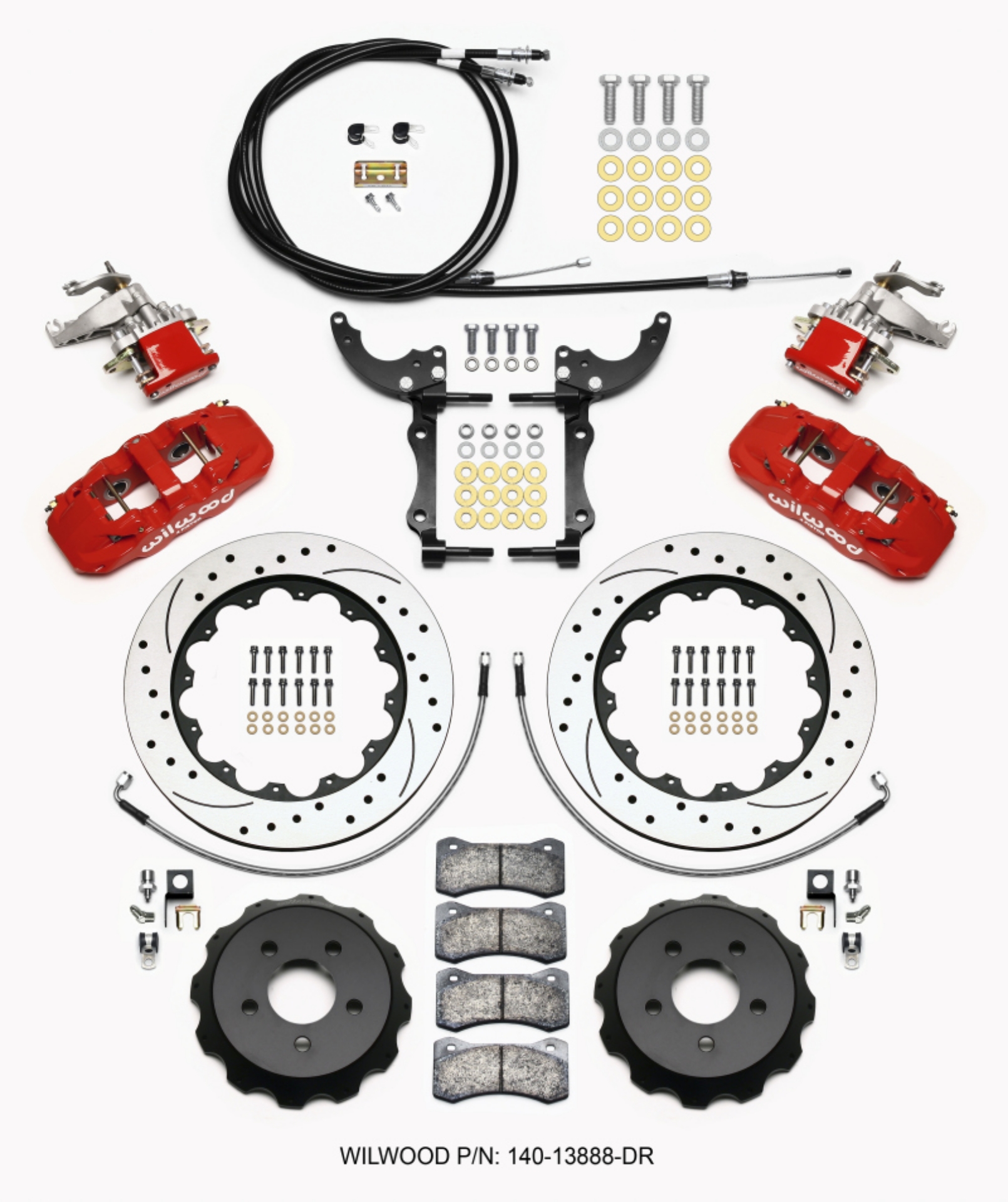 Picture of Wilwood AERO4 - MC4 Rear Kit 14-00 Drilled Red 15-23 Mustang w-Lines & Cables