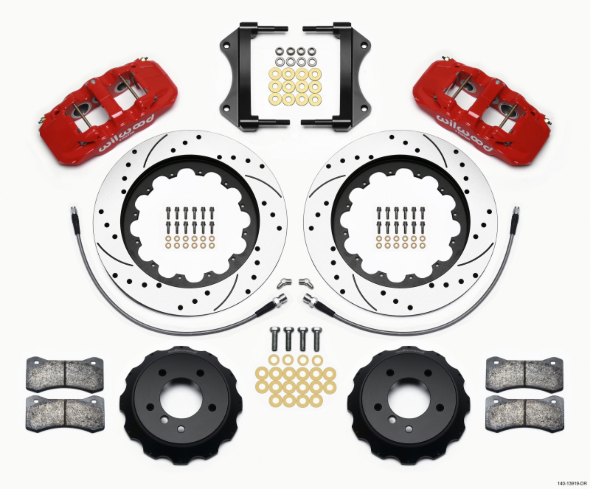 Picture of Wilwood AERO6 Front Hat Kit 15-00 Drilled Red 2007-2011 BMW E90 Series w-Lines