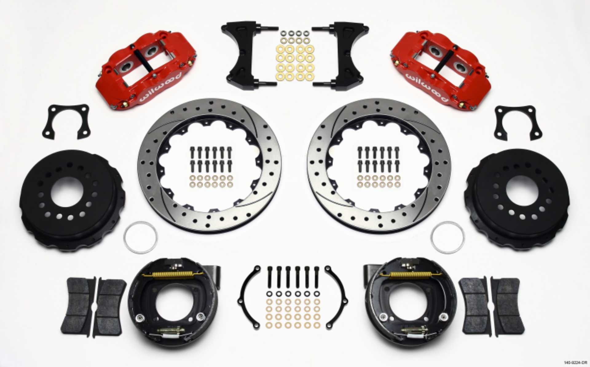 Picture of Wilwood Narrow Superlite 4R Rear P-Brk Kit 12-88in Drilled Red 58-64 Olds-Pontiac Ends 2-81in Offset