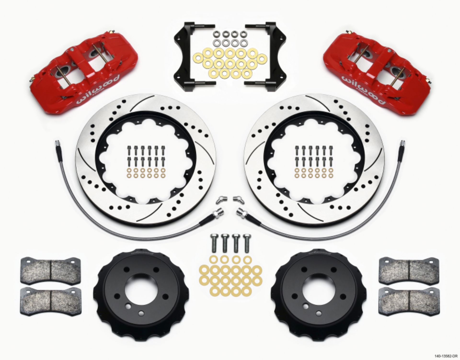 Picture of Wilwood AERO6 Front Hat Kit 14-00 Drilled Red 2007-2011 BMW E90 Series w-Lines