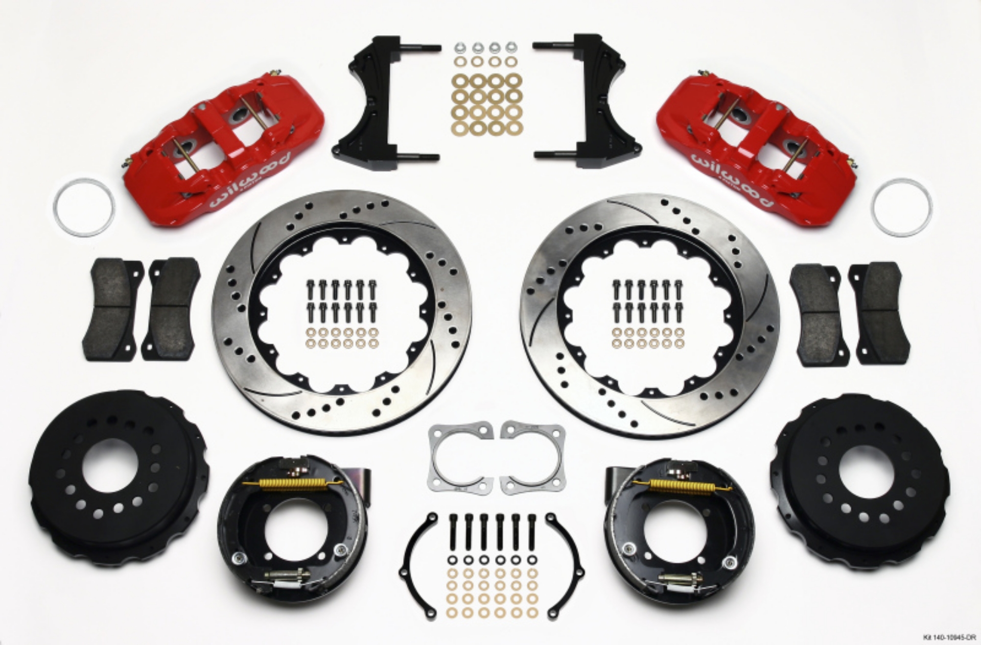 Picture of Wilwood AERO4 Rear P-Brake Kit 14-00in Drilled Red Chevy 12 Bolt-Spec 3-15in Bearing