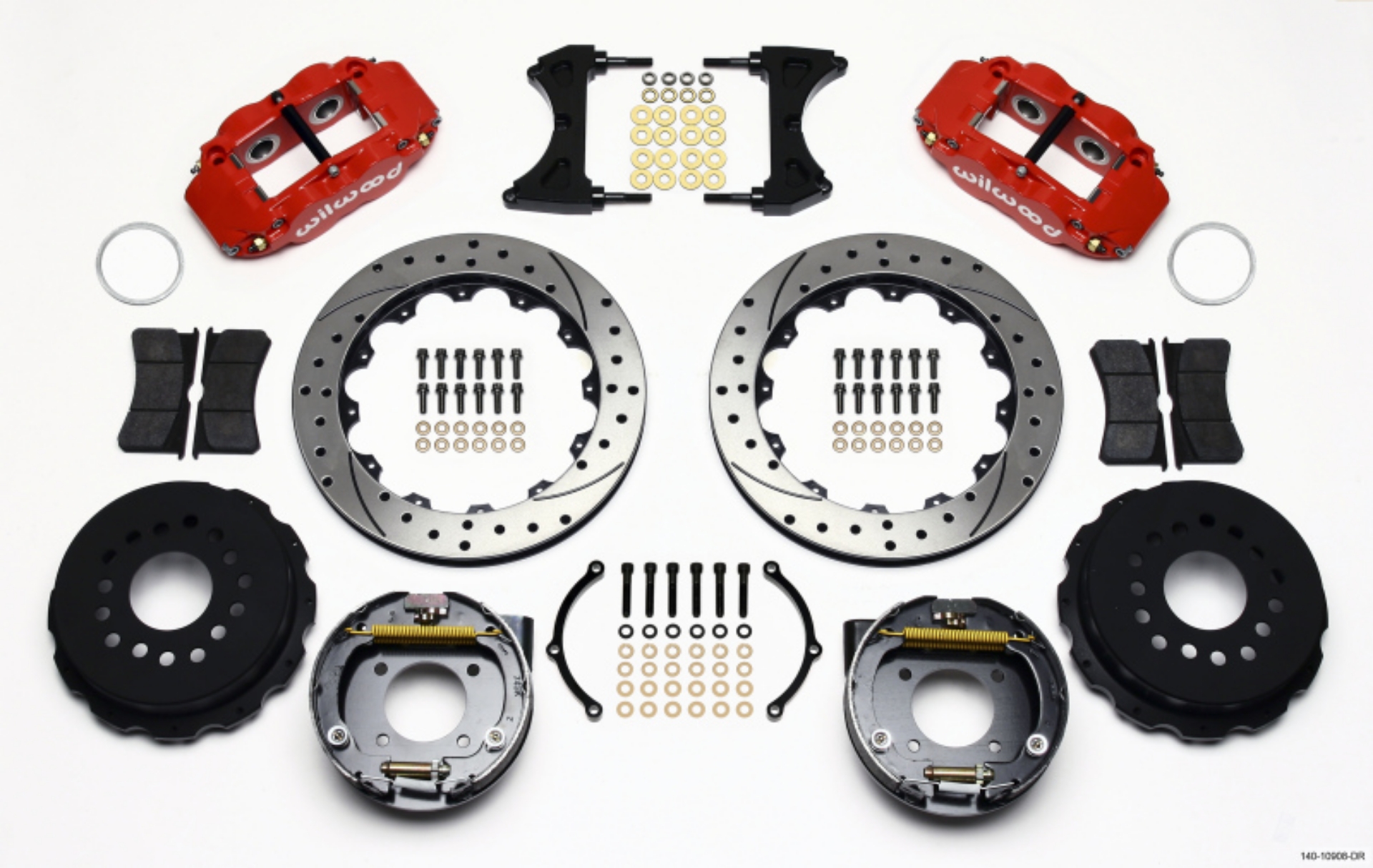 Picture of Wilwood Narrow Superlite 4R Rear P-Brk Kit 12-88in Drilled Red Chevy 12 Bolt w- C-Clips Staggered mt