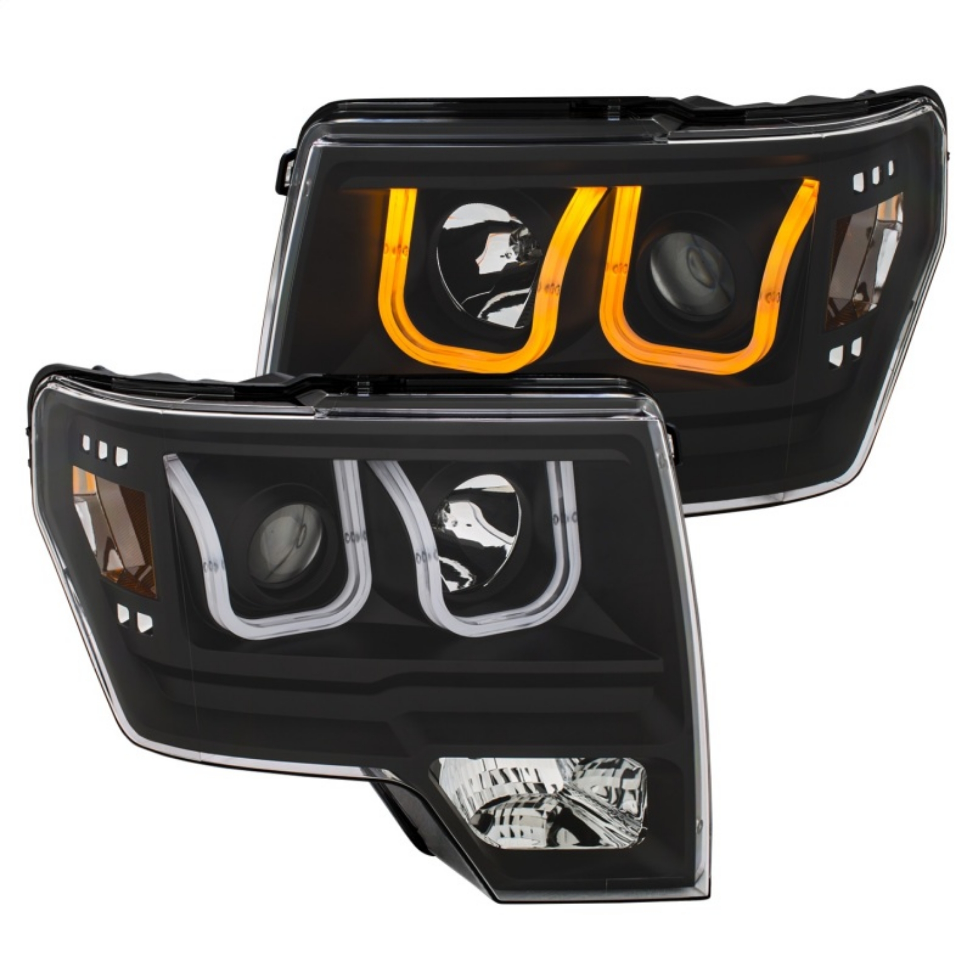 Picture of ANZO 2009-2014 Ford F-150 Projector Headlights w- U-Bar Switchback Black w- Amber