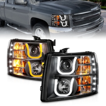 Picture of ANZO 2007-2013 Chevrolet Silverado 1500-2500 Projector Headlights w- U-Bar Switchback Black w- Amber