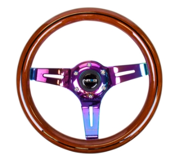 Picture of NRG Classic Wood Grain Steering Wheel 310mm Dark Wood & Black Line Inlay w-Neochrome 3-Spoke Ctr