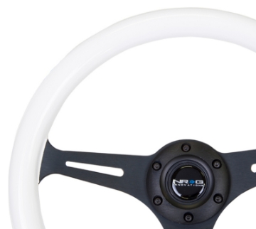 Picture of NRG Classic Wood Grain Steering Wheel 350mm Glow-N-The-Dark Green Grip w-Black 3-Spoke Center