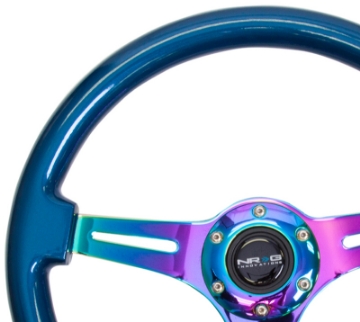 Picture of NRG Classic Wood Grain Steering Wheel 350mm Blue Pearl-Flake Paint w-Neochrome 3-Spoke Center