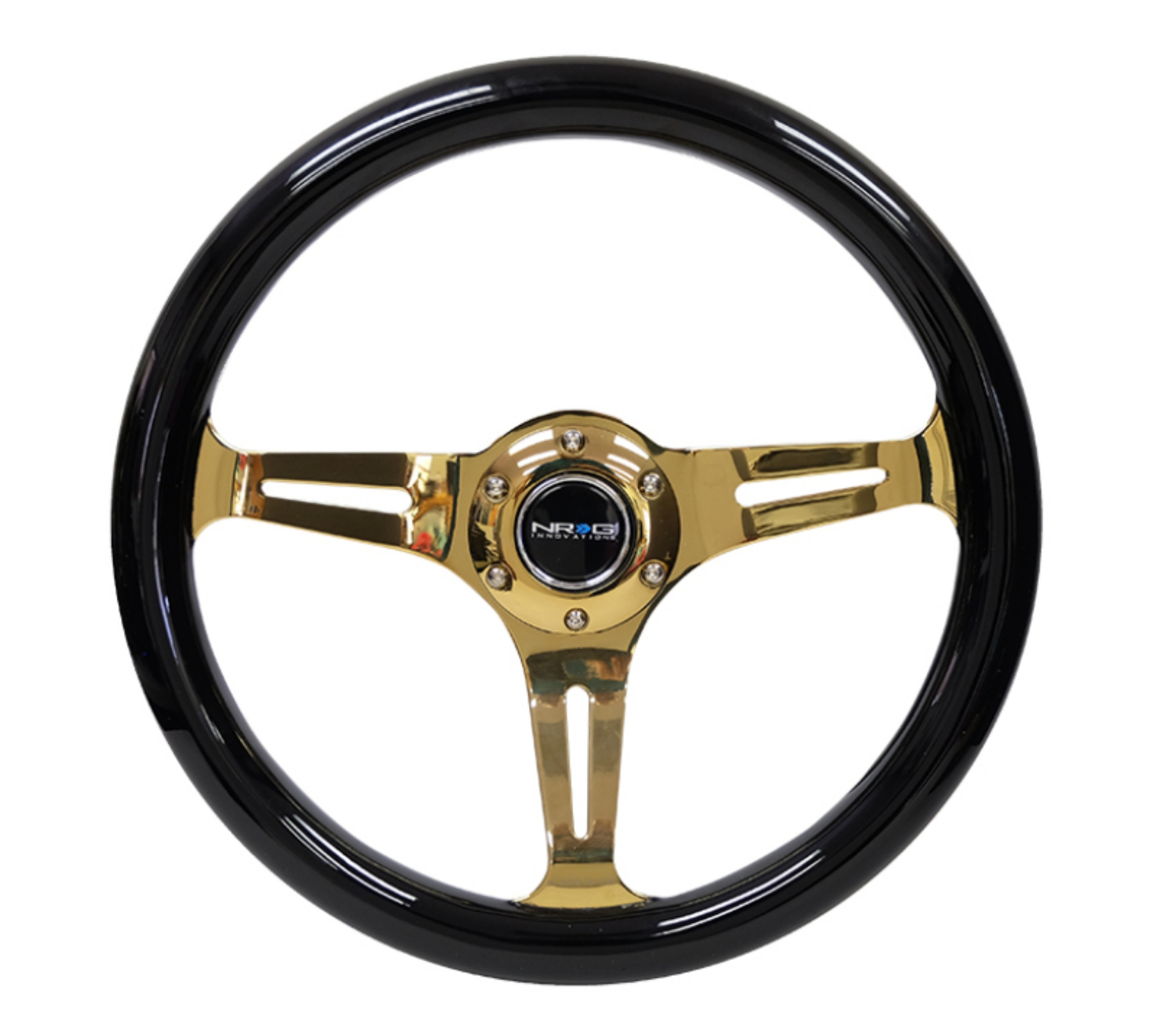 Picture of NRG Classic Wood Grain Steering Wheel 350mm Black Grip w-Chrome Gold 3-Spoke Center