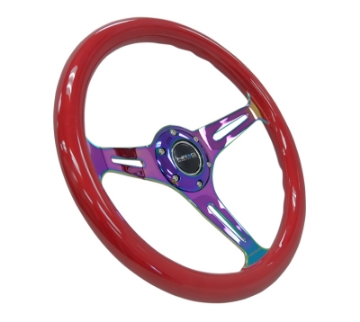 Picture of NRG Classic Wood Grain Steering Wheel 350mm Red Grip w-Neochrome 3-Spoke Center