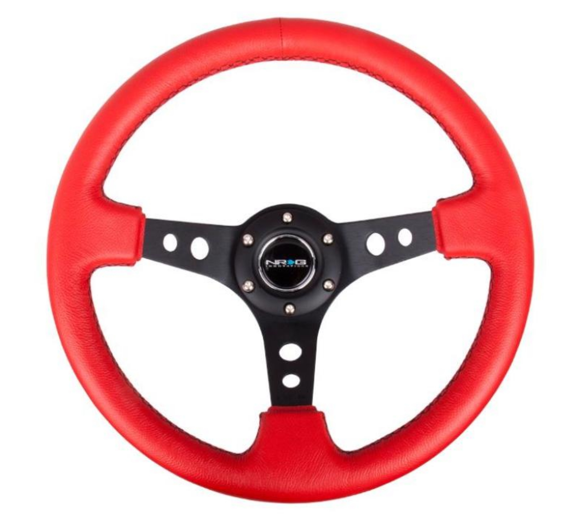 Picture of NRG Reinforced Steering Wheel 350mm - 3in- Deep Red Leather-Blk Stitch w-Blk Circle Cutout Spokes