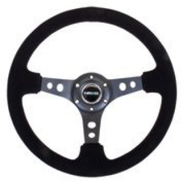 Picture of NRG Reinforced Steering Wheel 350mm - 3in- Deep Blk Suede-Blk Stitch w-Black Circle Cutout Spokes