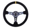 Picture of NRG Reinforced Steering Wheel 350mm - 3in- Deep Blk Suede w-Circle Cut Spokes & Single Yellow CM