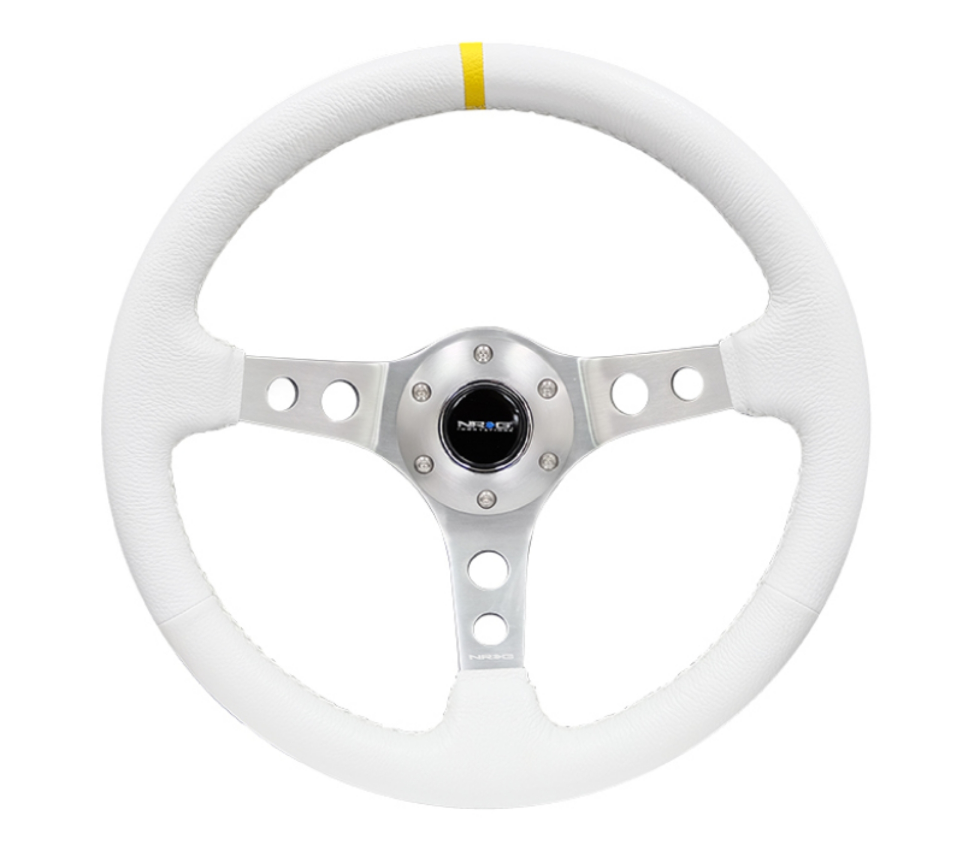 Picture of NRG Reinforced Steering Wheel 350mm - 3in- Deep Wht Leather w-Silver Spoke & Single Yellow Mark