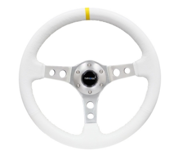 Picture of NRG Reinforced Steering Wheel 350mm - 3in- Deep Wht Leather w-Silver Spoke & Single Yellow Mark