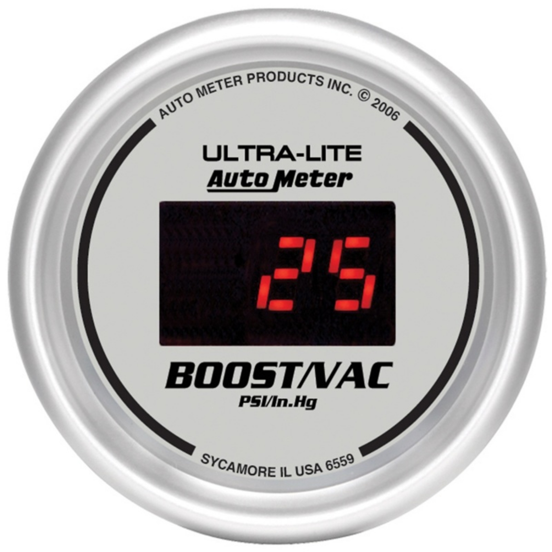 Picture of Autometer Ultra-Lite 2-1-16in 30INHG-30PSI Digital Silver Dial Vacuum-Boost Gauge w- Red Led
