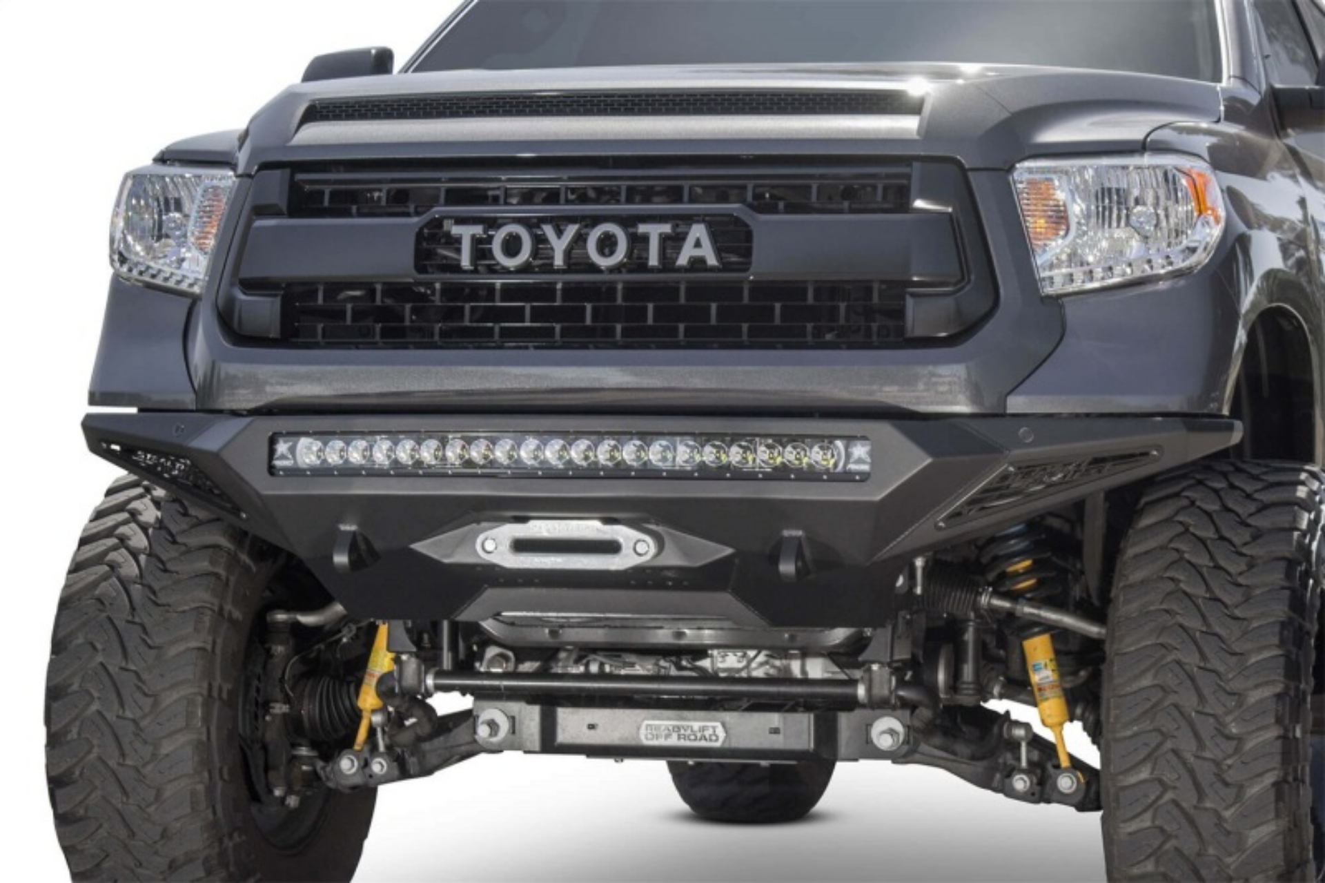 Picture of Addictive Desert Designs 2014+ Toyota Tundra Stealth Fighter Front Bumper w-Winch Mount & Sensors