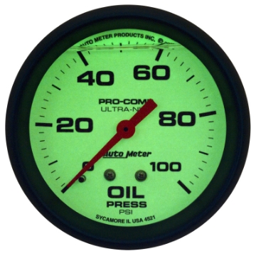 Picture of Autometer Ultra-Nite 2-5-8in 0-100 PSI Liquid Filled Mechanical Glow In Dark Oil Pressure Gauge