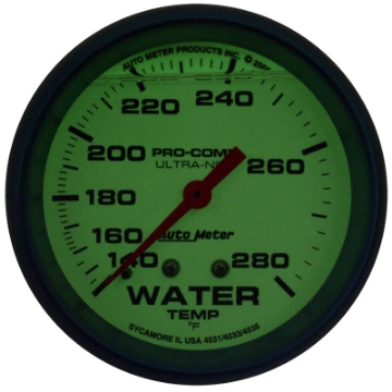 Picture of Autometer Ultra-Nite 2-5-8in 140-280 Degree Liquid Filled Mechanical Glow In Dark Water Temp Gauge