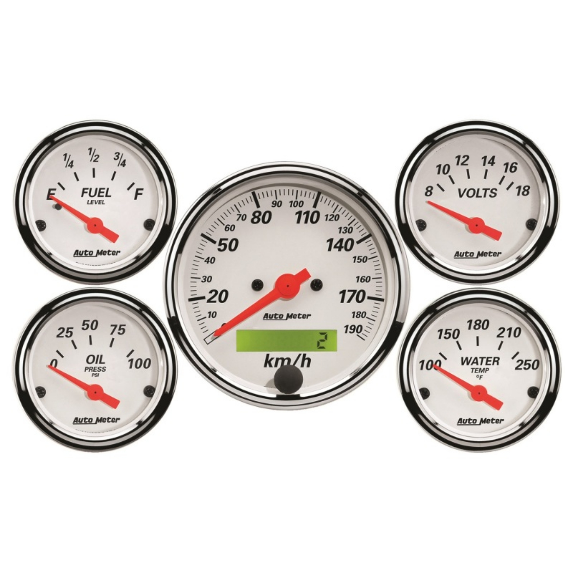 Picture of Autometer Arctic White 5 Pc Kit Box w- Elec KMH Speedo, Elec Oil Press, Water Temp, Volt, Fuel Level