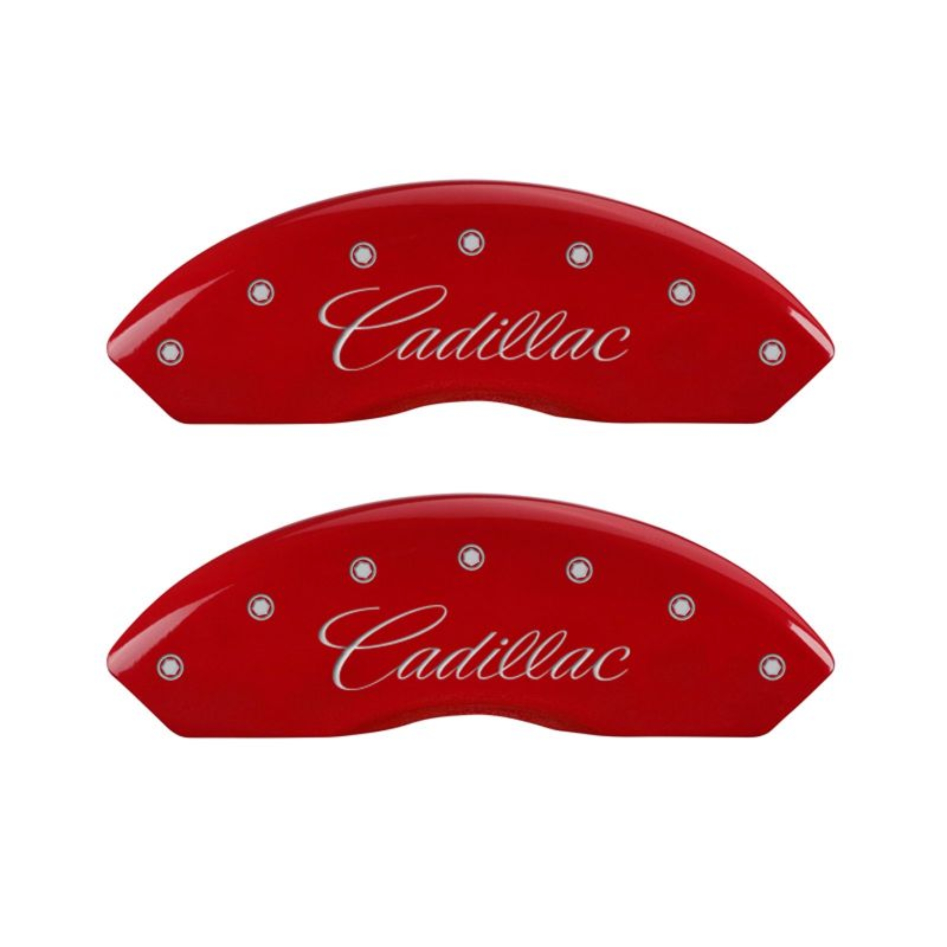 Picture of MGP 4 Caliper Covers Engraved Front & Rear Cursive-Cadillac Red Finish Silver Characters