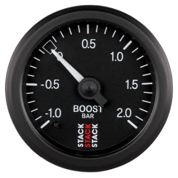 Picture of Autometer Stack 52mm -1 to +2 Bar T-Fitting 0-187in Barb M Mechanical Boost Pressure Gauge - Black