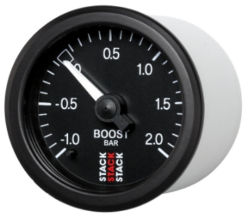 Picture of Autometer Stack 52mm -1 to +2 Bar T-Fitting 0-187in Barb M Mechanical Boost Pressure Gauge - Black