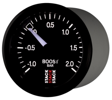 Picture of Autometer Stack 52mm -1 to +2 Bar T-Fitting 0-187in Barb M Mechanical Boost Pressure Gauge - Black