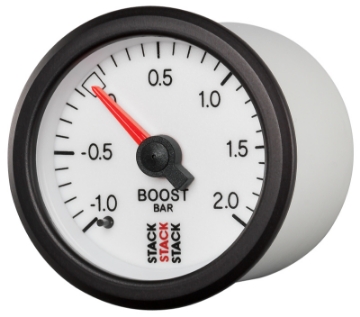 Picture of Autometer Stack 52mm -1 to +2 Bar T-Fitting 0-187in Barb M Mechanical Boost Pressure Gauge - White