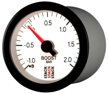 Picture of Autometer Stack 52mm -1 to +2 Bar T-Fitting 0-187in Barb M Mechanical Boost Pressure Gauge - White
